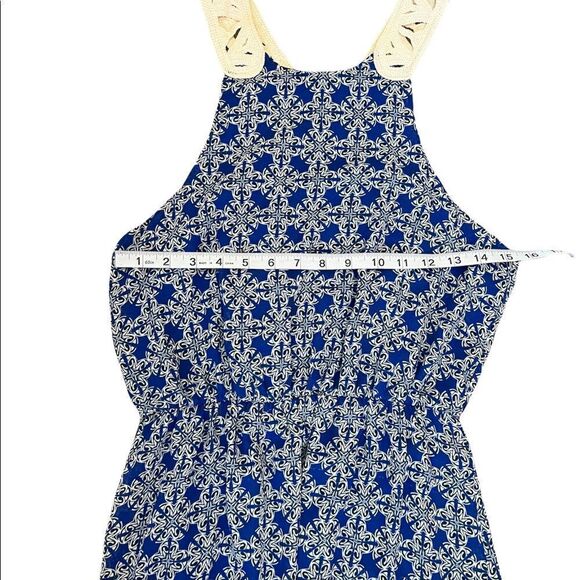 Blue Patterned Crochet Back Gathered Waist Long Dress M - Picture 5 of 10